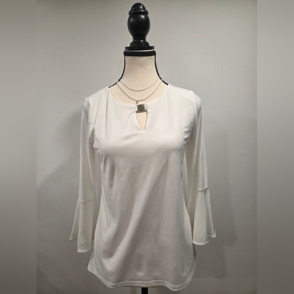 Calvin Klein Elegant White Bell Sleeve Blouse XS ✨ Chic Work Top